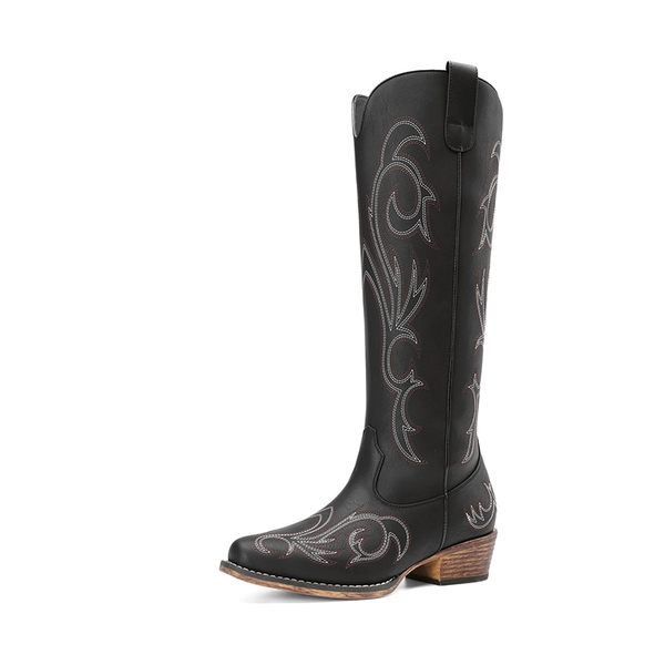 Women’s Knee-High Western Block Heel Boots - BLACK -  0