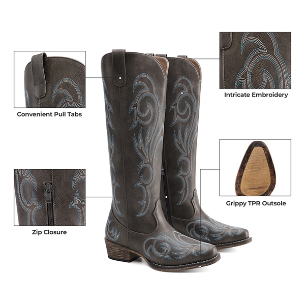 Women’s Knee-High Western Block Heel Boots - DARK BROWN - 1