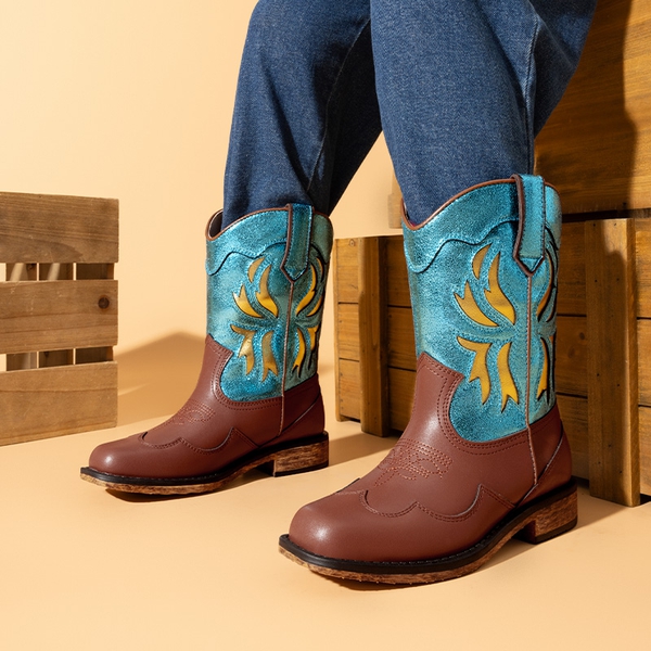 Kids’ Slip-On Roomy Toe Cowboy Boots - BLUE - 5