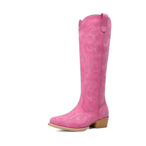 Women’s Knee-High Western Block Heel Boots - HOT PINK -  0