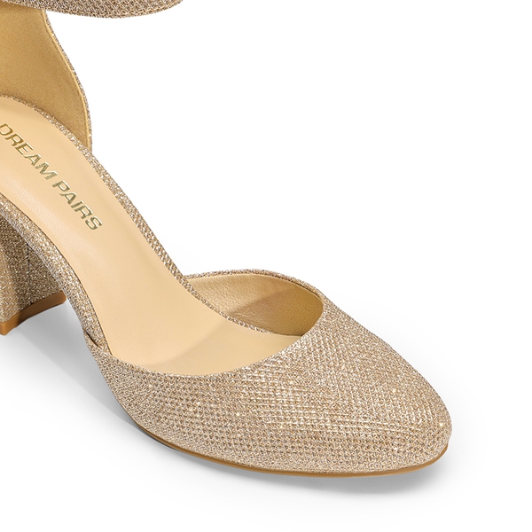 Women’s Rounded Toe Platform Block Heel Pumps - GOLD-GLITTER - 4