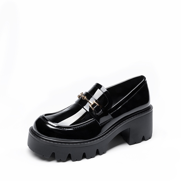 Women’s Preppy Y2K Chunky Heel Loafers - BLACK-PAT -  0