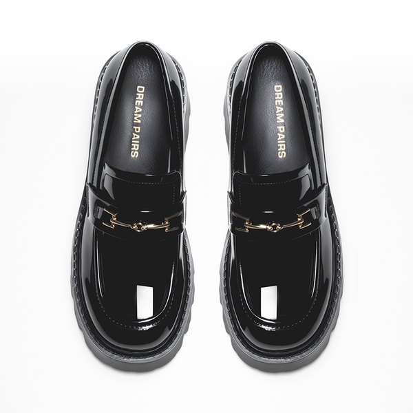 Women’s Preppy Y2K Chunky Heel Loafers - BLACK-PAT - 3