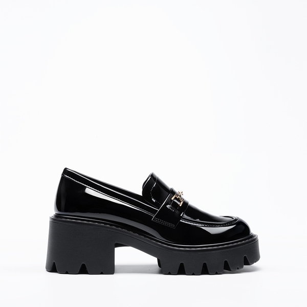 Women’s Preppy Y2K Chunky Heel Loafers - BLACK-PAT - 1