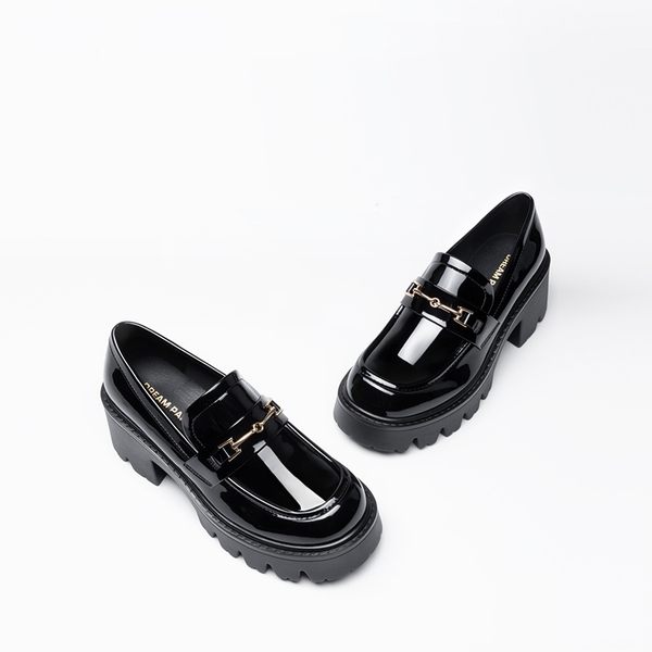 Women’s Preppy Y2K Chunky Heel Loafers - BLACK-PAT - 4