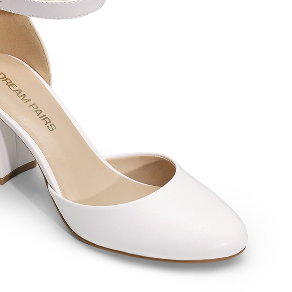 Women’s Rounded Toe Platform Block Heel Pumps - WHITE-PU - 4