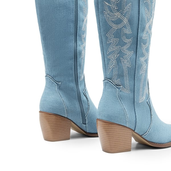 Dallas Embroidered Western Cowboy Knee High Boots - DENIM BLUE - 5