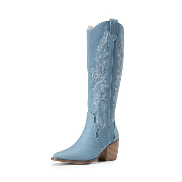 Dallas Embroidered Western Cowboy Knee High Boots - DENIM BLUE -  0