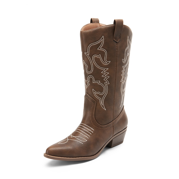 Mid Calf Western Cowboy Boots - BROWN-PU -  0