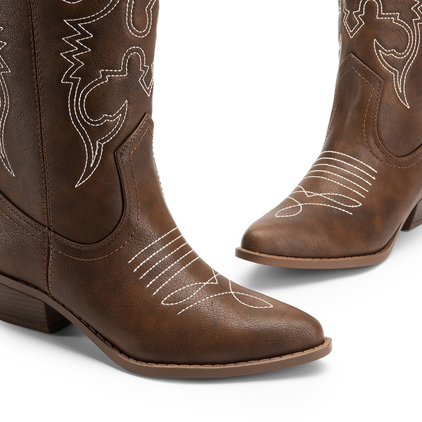 Mid Calf Western Cowboy Boots - BROWN-PU - 3