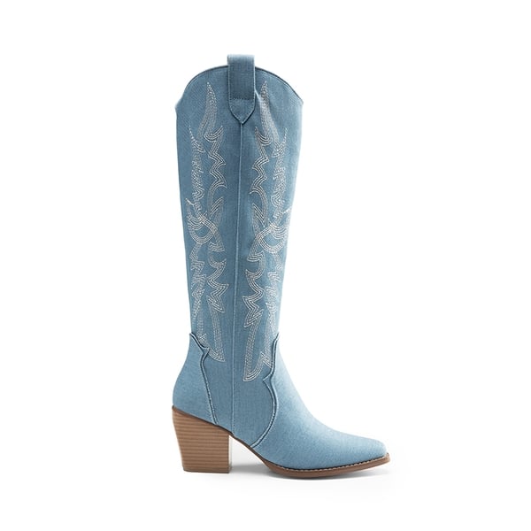Dallas Embroidered Western Cowboy Knee High Boots - DENIM BLUE - 4
