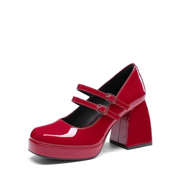 Women’s Y2K Double-Strap Chunky Mary Janes - RED-PAT -  0