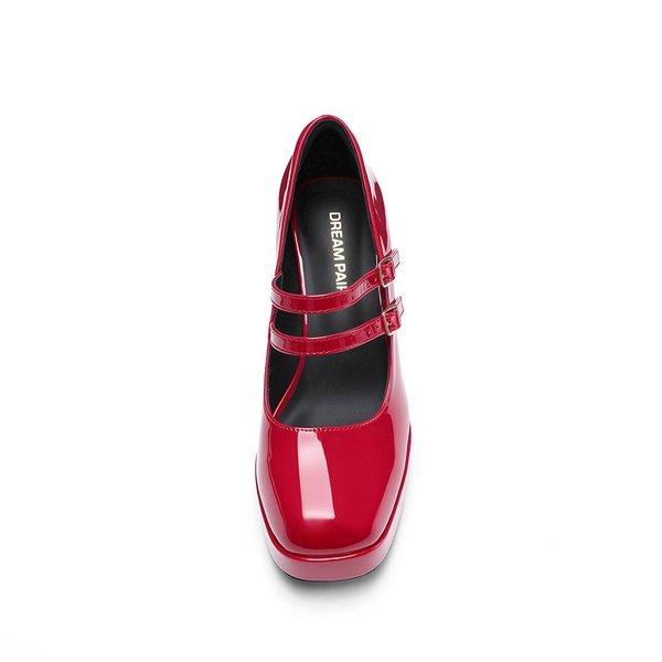 Women’s Y2K Double-Strap Chunky Mary Janes - RED-PAT - 2