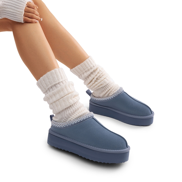 [FuzzyEasy Women's Platform Slip-on] Plush Fur-Lined Winter Platform Slippers - DARK BLUE - 4