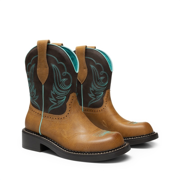 Women’s Slip-On Vintage Western Boots - TAN/BROWN - 4