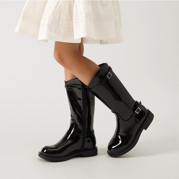 Girls’ Classic Buckle Knee-High Boots - ALL BLACK - 5