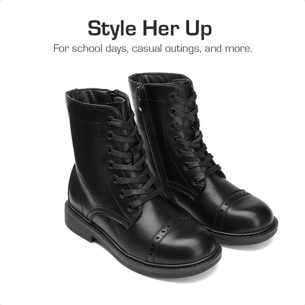 Girls’ Cushioned Side Zipper Perforated Ankle Boots - BLACK - 1