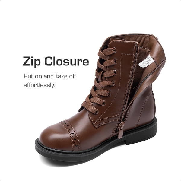Girls’ Cushioned Side Zipper Perforated Ankle Boots - BROWN - 3