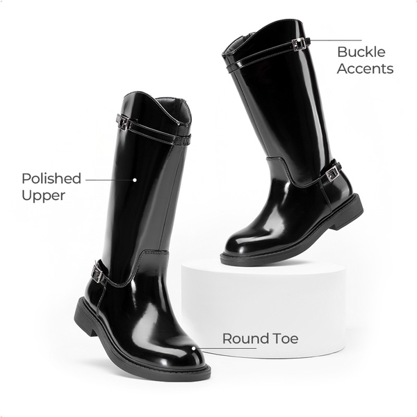 Girls’ Classic Buckle Knee-High Boots - ALL BLACK - 2