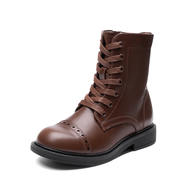 Girls’ Cushioned Side Zipper Perforated Ankle Boots - BROWN -  0