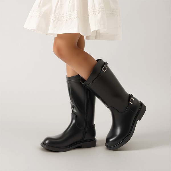 Girls’ Classic Buckle Knee-High Boots - BLACK - 5