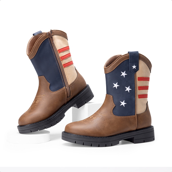 Kids’ American Flag Western Boots - BROWN/NAVY - 4