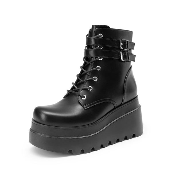 Women’s Chunky Platform Ankle Boots - BLACK-PU -  0
