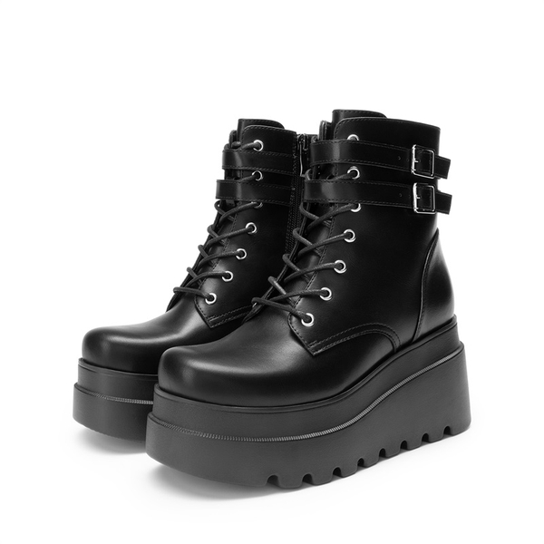 Women’s Chunky Platform Ankle Boots - BLACK-PU - 2
