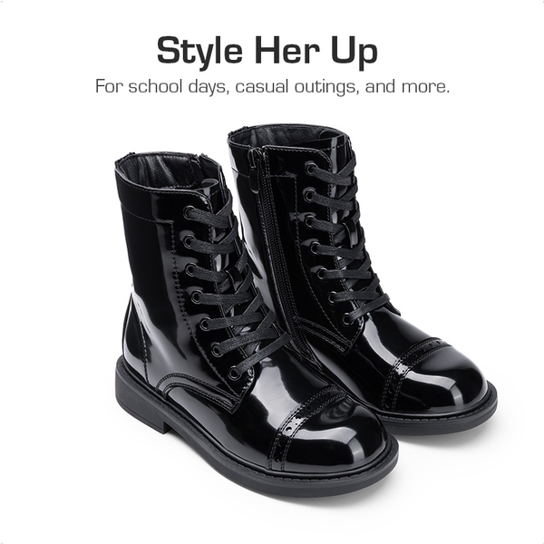 Girls’ Cushioned Side Zipper Perforated Ankle Boots - ALL BLACK - 1