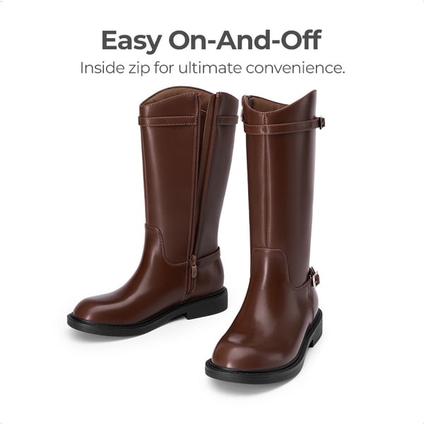 Girls’ Classic Buckle Knee-High Boots - BROWN - 3