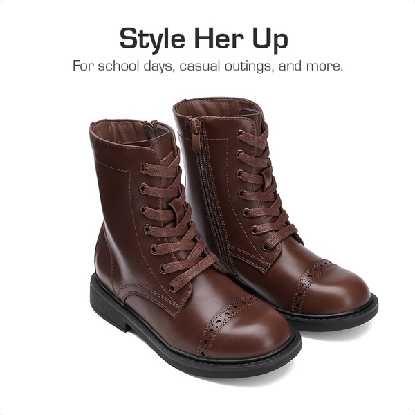 Girls’ Cushioned Side Zipper Perforated Ankle Boots - BROWN - 1
