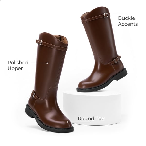 Girls’ Classic Buckle Knee-High Boots - BROWN - 2