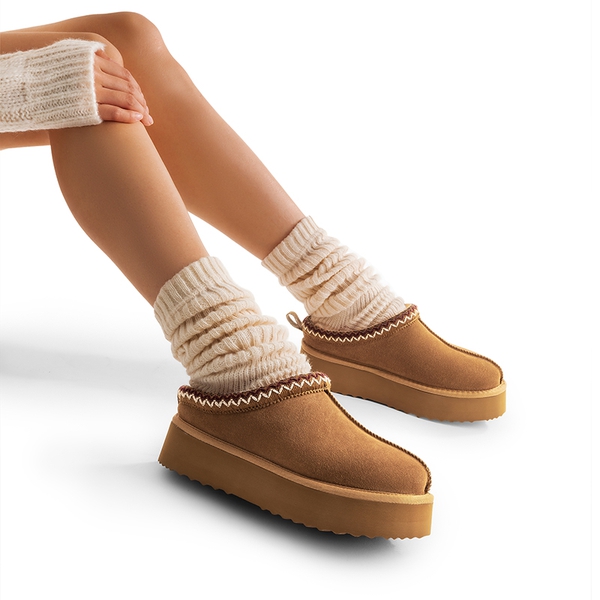 Women’s Suede Wide Toe Platform Slip-On Slippers - CHESTNUT - 6