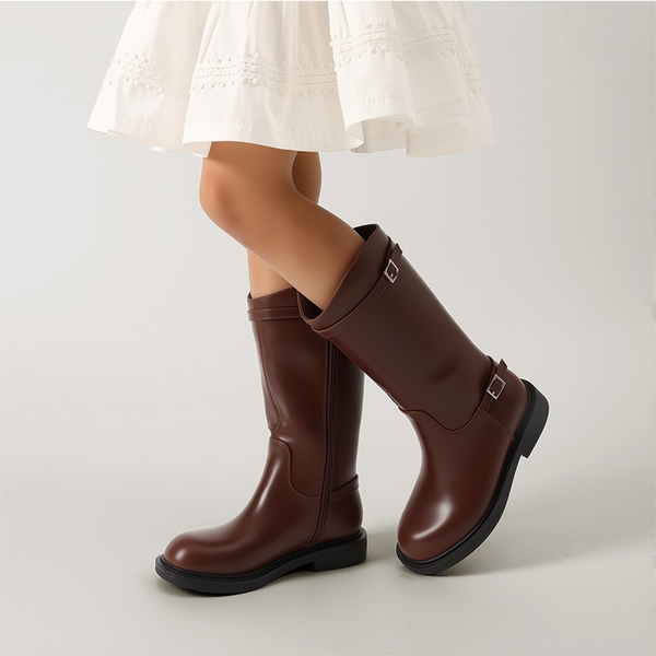 Girls’ Classic Buckle Knee-High Boots - BROWN - 5