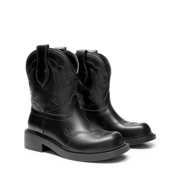 Women’s Slip-On Vintage Western Boots - BLACK - 4