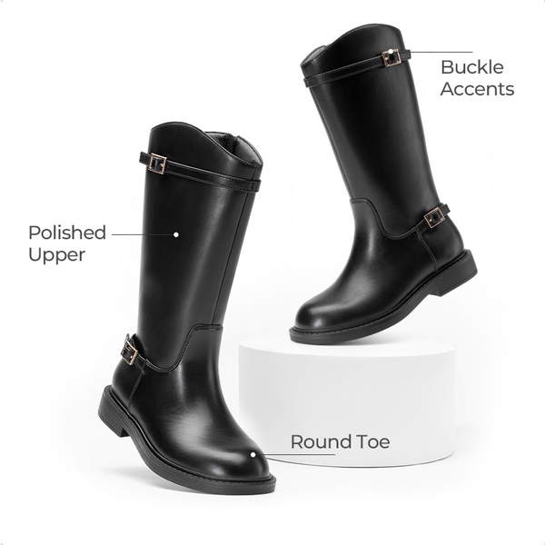 Girls’ Classic Buckle Knee-High Boots - BLACK - 2