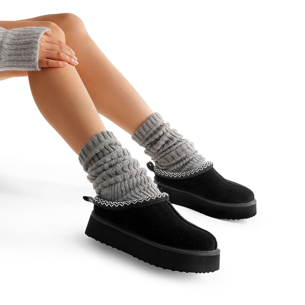 Women’s Suede Wide Toe Platform Slip-On Slippers - BLACK - 6