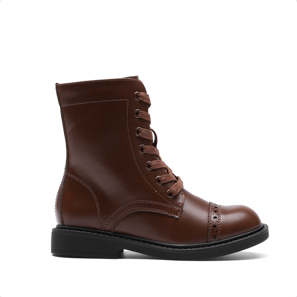 Girls’ Cushioned Side Zipper Perforated Ankle Boots - BROWN - 5