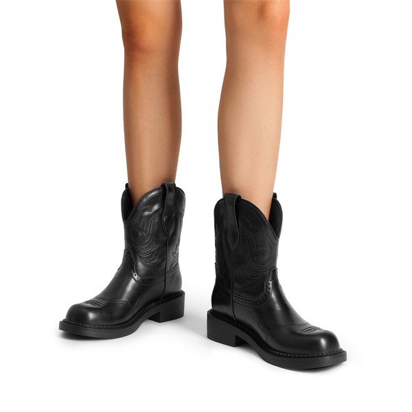 Women’s Slip-On Vintage Western Boots - BLACK - 5