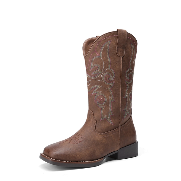 Women’s Mid-Calf Embroidered Cowboy Boots - DARK BROWN -  0
