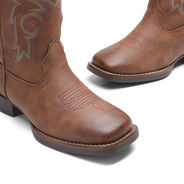 Women’s Mid-Calf Embroidered Cowboy Boots - DARK BROWN - 4