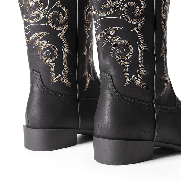 Women’s Mid-Calf Embroidered Cowboy Boots - BLACK - 3