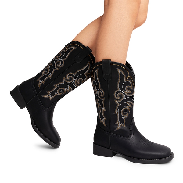 Women’s Mid-Calf Embroidered Cowboy Boots - BLACK - 6