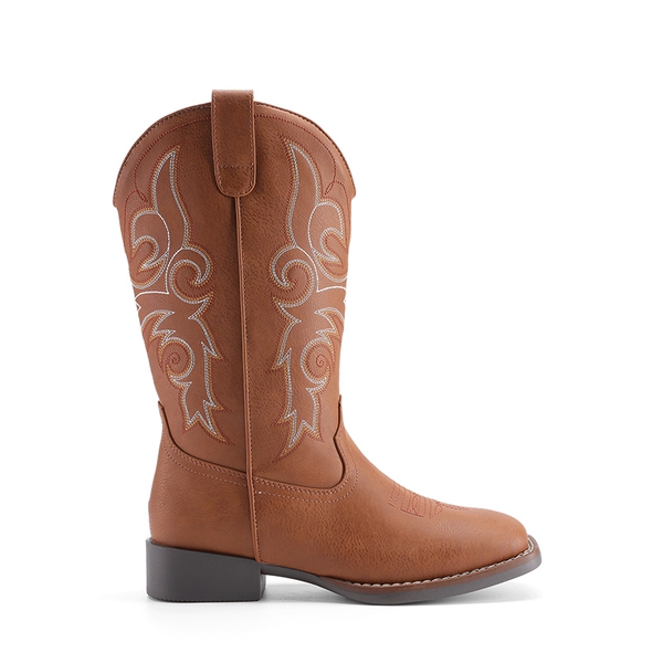 Women’s Mid-Calf Embroidered Cowboy Boots - TAN - 1