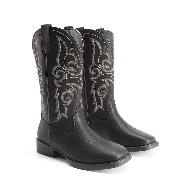 Women’s Mid-Calf Embroidered Cowboy Boots - BLACK - 5