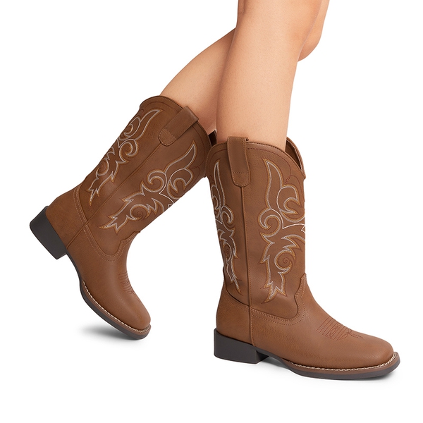 Women’s Mid-Calf Embroidered Cowboy Boots - TAN - 6