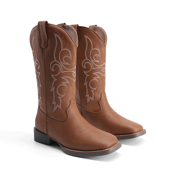 Women’s Mid-Calf Embroidered Cowboy Boots - TAN - 5