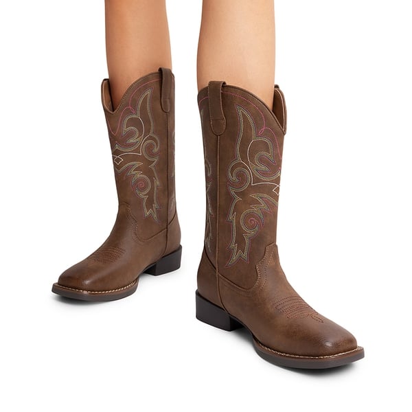 Women’s Mid-Calf Embroidered Cowboy Boots - DARK BROWN - 7