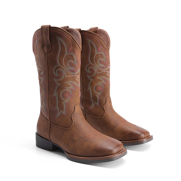 Women’s Mid-Calf Embroidered Cowboy Boots - DARK BROWN - 5