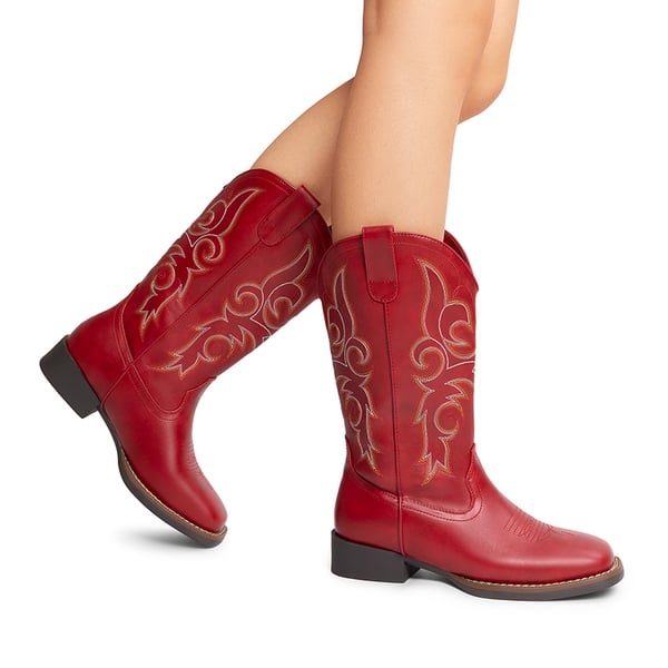 Women’s Mid-Calf Embroidered Cowboy Boots - RED - 6